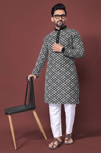 BLACK HEAVY EMBROIDERY WHITE THREAD WORK WITH MULTI SEQUENCE WORK DESIGNER FABRIC SOFT SILK MENS KURTA PAJAMA SET