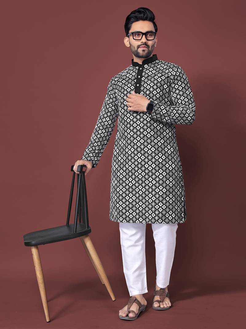 BLACK HEAVY EMBROIDERY WHITE THREAD WORK WITH MULTI SEQUENCE WORK DESIGNER FABRIC SOFT SILK MENS KURTA PAJAMA SET