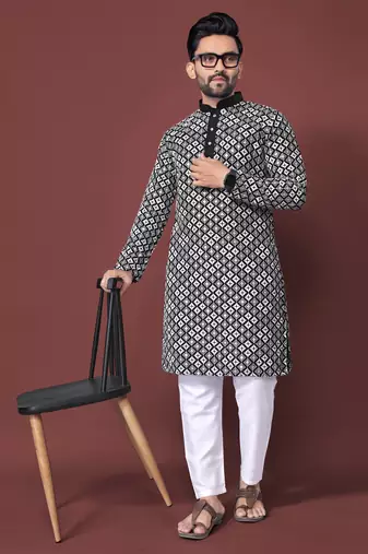 BLACK HEAVY EMBROIDERY WHITE THREAD WORK WITH MULTI SEQUENCE WORK DESIGNER FABRIC SOFT SILK MENS KURTA PAJAMA SET