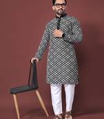 BLACK HEAVY EMBROIDERY WHITE THREAD WORK WITH MULTI SEQUENCE WORK DESIGNER FABRIC SOFT SILK MENS KURTA PAJAMA SET