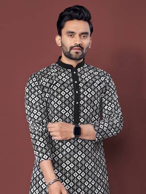 BLACK HEAVY EMBROIDERY WHITE THREAD WORK WITH MULTI SEQUENCE WORK DESIGNER FABRIC SOFT SILK MENS KURTA PAJAMA SET 2