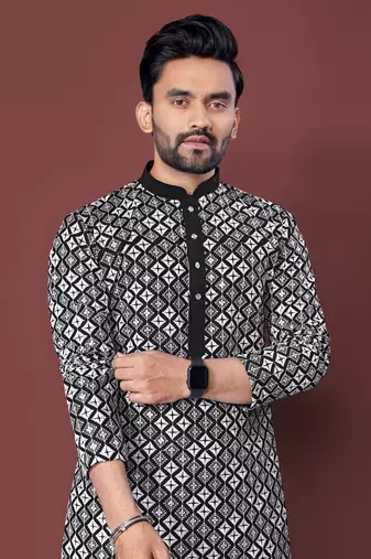 BLACK HEAVY EMBROIDERY WHITE THREAD WORK WITH MULTI SEQUENCE WORK DESIGNER FABRIC SOFT SILK MENS KURTA PAJAMA SET