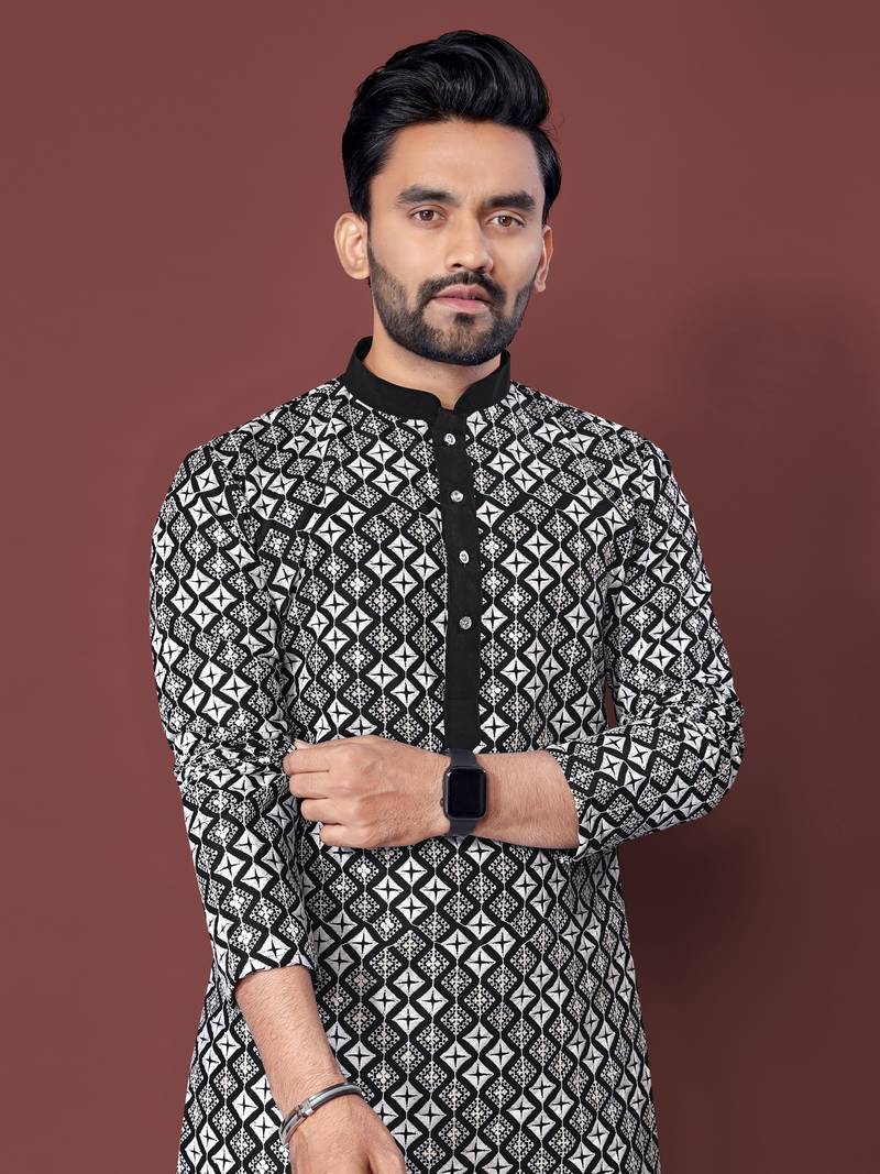 BLACK HEAVY EMBROIDERY WHITE THREAD WORK WITH MULTI SEQUENCE WORK DESIGNER FABRIC SOFT SILK MENS KURTA PAJAMA SET