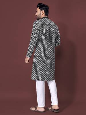 BLACK HEAVY EMBROIDERY WHITE THREAD WORK WITH MULTI SEQUENCE WORK DESIGNER FABRIC SOFT SILK MENS KURTA PAJAMA SET 4