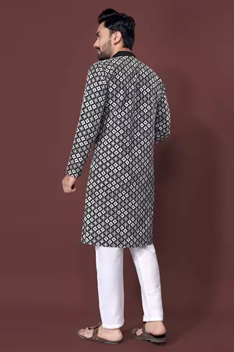 BLACK HEAVY EMBROIDERY WHITE THREAD WORK WITH MULTI SEQUENCE WORK DESIGNER FABRIC SOFT SILK MENS KURTA PAJAMA SET