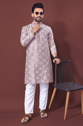 LAVENDER HEAVY EMBROIDERY WHITE THREAD WORK MENS KURTA PAJAMA SET