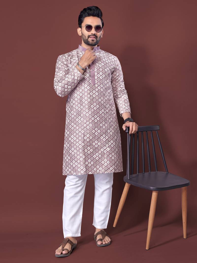 LAVENDER HEAVY EMBROIDERY WHITE THREAD WORK MENS KURTA PAJAMA SET