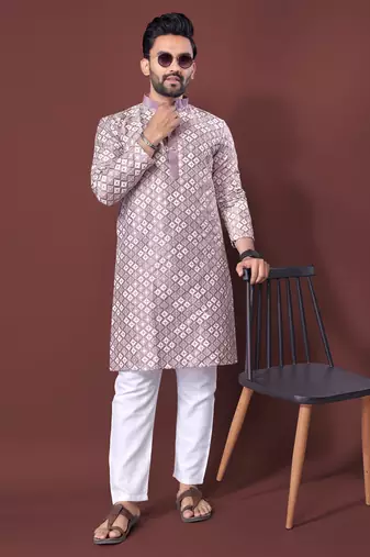 LAVENDER HEAVY EMBROIDERY WHITE THREAD WORK MENS KURTA PAJAMA SET