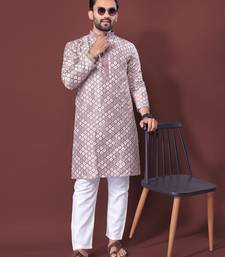 LAVENDER HEAVY EMBROIDERY WHITE THREAD WORK MENS KURTA PAJAMA SET