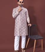 LAVENDER HEAVY EMBROIDERY WHITE THREAD WORK MENS KURTA PAJAMA SET