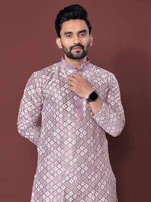 LAVENDER HEAVY EMBROIDERY WHITE THREAD WORK MENS KURTA PAJAMA SET 2