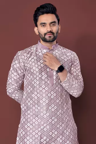 LAVENDER HEAVY EMBROIDERY WHITE THREAD WORK MENS KURTA PAJAMA SET