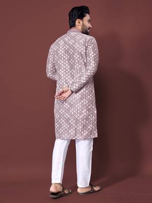 LAVENDER HEAVY EMBROIDERY WHITE THREAD WORK MENS KURTA PAJAMA SET 3