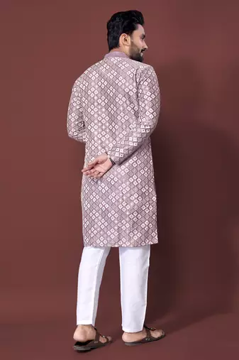 LAVENDER HEAVY EMBROIDERY WHITE THREAD WORK MENS KURTA PAJAMA SET