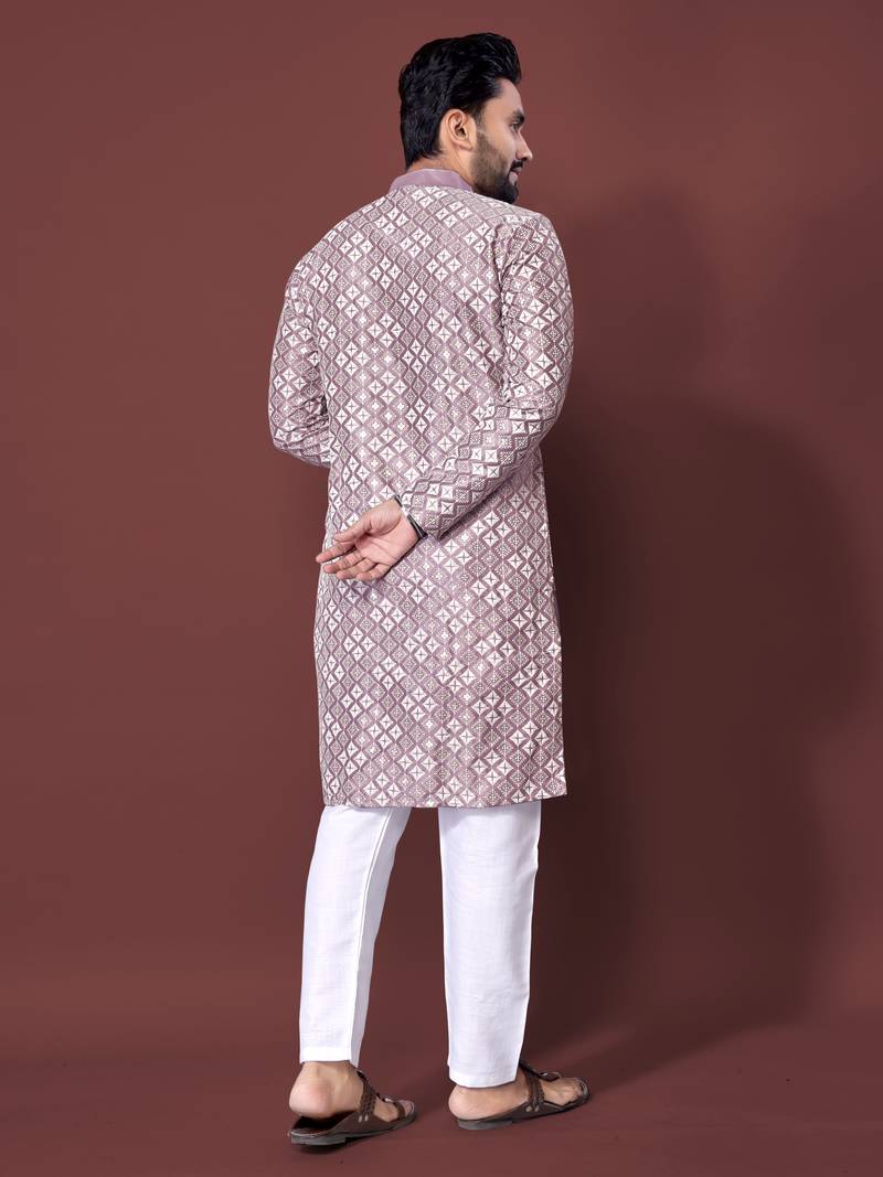 LAVENDER HEAVY EMBROIDERY WHITE THREAD WORK MENS KURTA PAJAMA SET