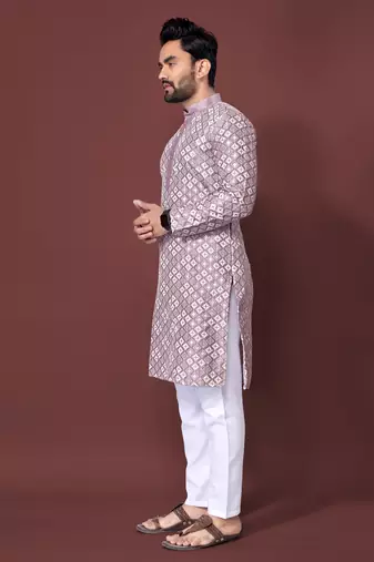 LAVENDER HEAVY EMBROIDERY WHITE THREAD WORK MENS KURTA PAJAMA SET