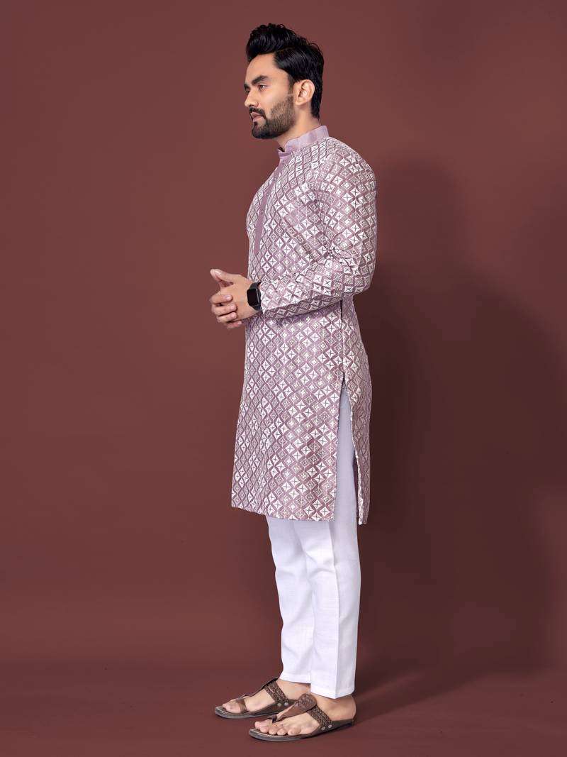 LAVENDER HEAVY EMBROIDERY WHITE THREAD WORK MENS KURTA PAJAMA SET