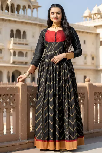 womens black zari woven ethnic gown with pleated yoke & border