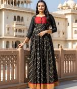 womens black zari woven ethnic gown with pleated yoke & border