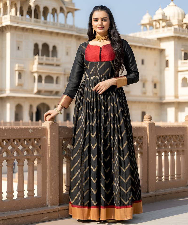 womens black zari woven ethnic gown with pleated yoke & border