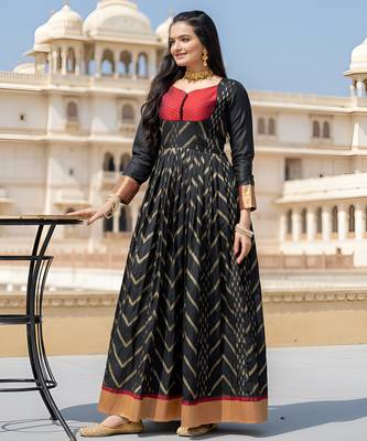 womens black zari woven ethnic gown with pleated yoke & border 2