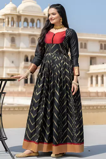 womens black zari woven ethnic gown with pleated yoke & border