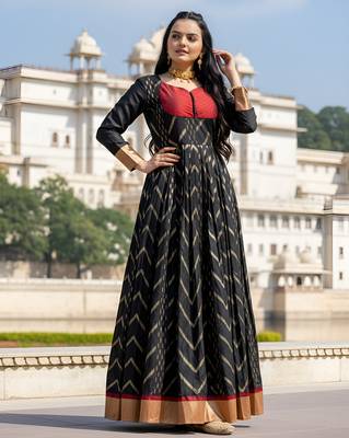 womens black zari woven ethnic gown with pleated yoke & border 3