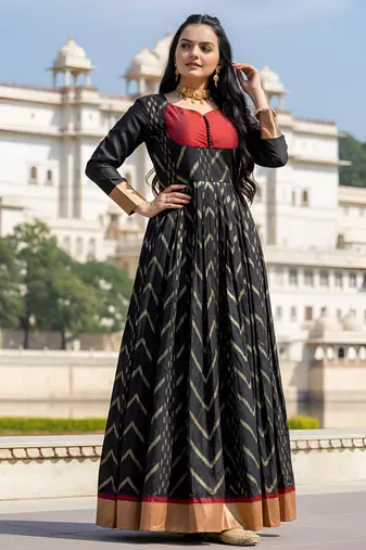 womens black zari woven ethnic gown with pleated yoke & border