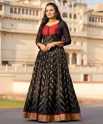 womens black zari woven ethnic gown with pleated yoke & border 4