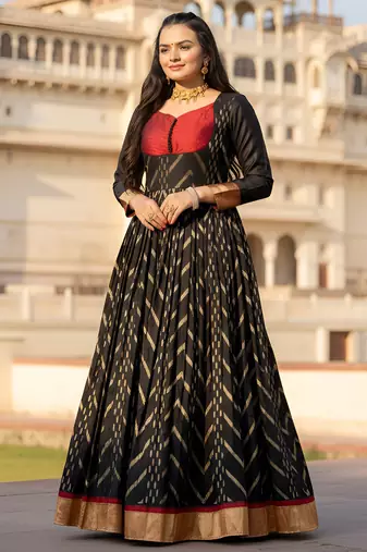 womens black zari woven ethnic gown with pleated yoke & border