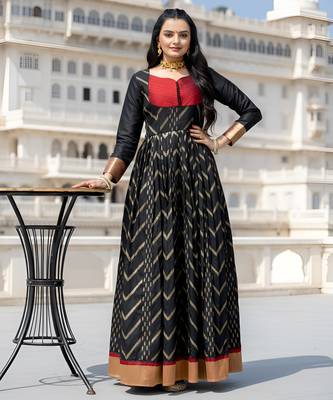 womens black zari woven ethnic gown with pleated yoke & border 5