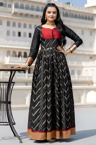 womens black zari woven ethnic gown with pleated yoke & border