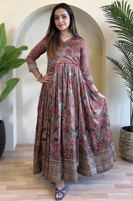 silk blend anarkali v-neck kalamkari printed gown for women 1