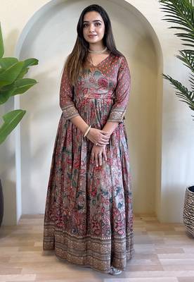 silk blend anarkali v-neck kalamkari printed gown for women 2