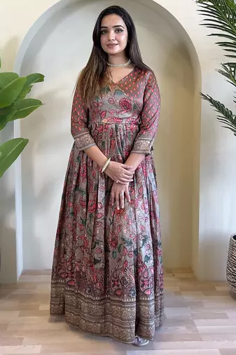 silk blend anarkali v-neck kalamkari printed gown for women