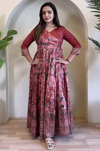 womens elegant silk blend anarkali gown with kalamkari prints