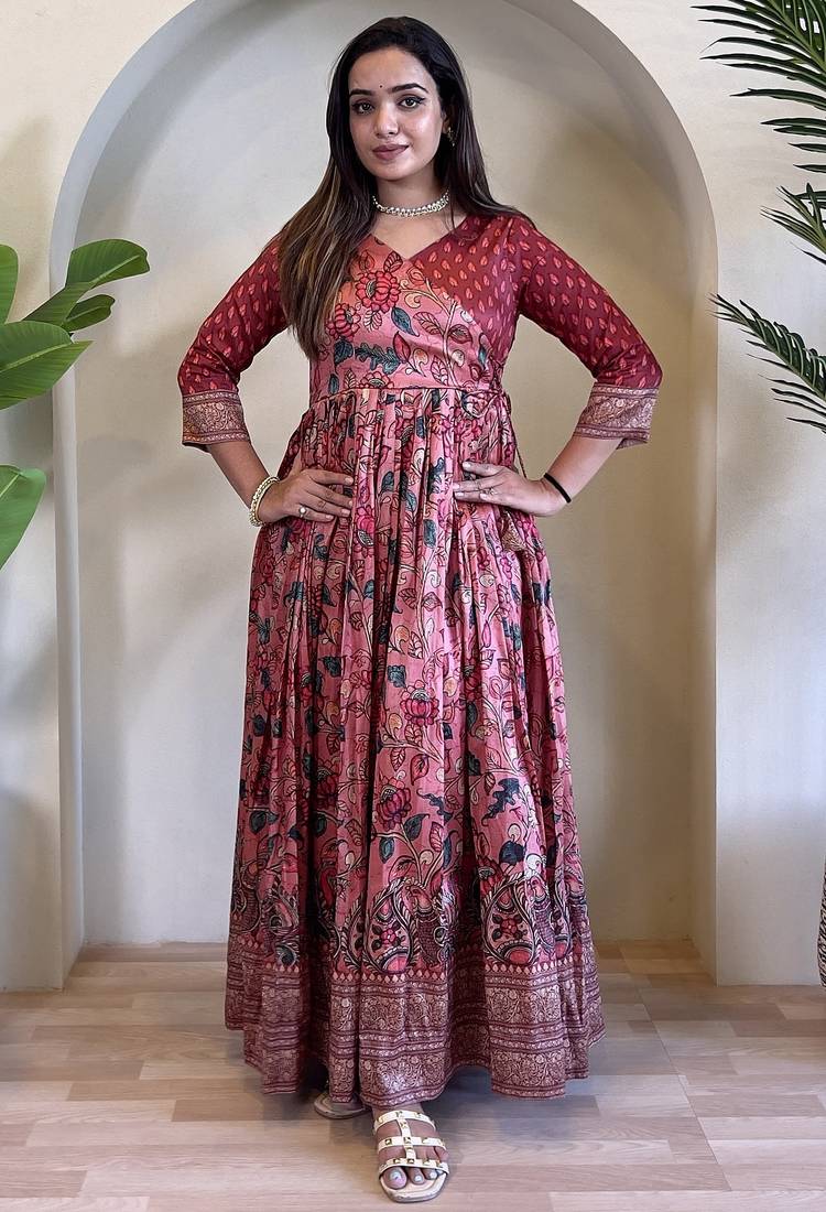 womens elegant silk blend anarkali gown with kalamkari prints