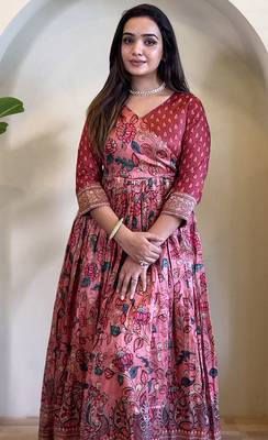 womens elegant silk blend anarkali gown with kalamkari prints 2