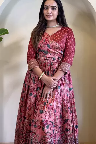 womens elegant silk blend anarkali gown with kalamkari prints