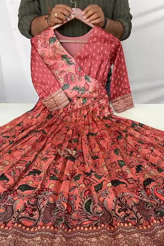 womens elegant silk blend anarkali gown with kalamkari prints