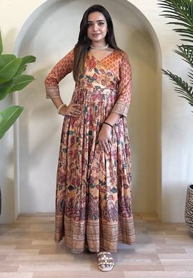 silk blend kalamkari fit & flared gown with v-neck long length ethnic gown 1