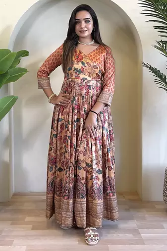 silk blend kalamkari fit & flared gown with v-neck long length ethnic gown