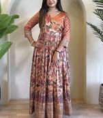 silk blend kalamkari fit & flared gown with v-neck long length ethnic gown