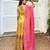 Yellow luxrious elegant position print embroidered gown paired with a contrast dupatta
