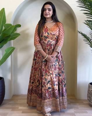 silk blend kalamkari fit & flared gown with v-neck long length ethnic gown 2