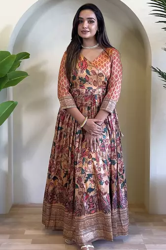 silk blend kalamkari fit & flared gown with v-neck long length ethnic gown