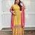 Yellow luxrious elegant position print embroidered gown paired with a contrast dupatta