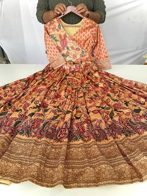 silk blend kalamkari fit & flared gown with v-neck long length ethnic gown 3