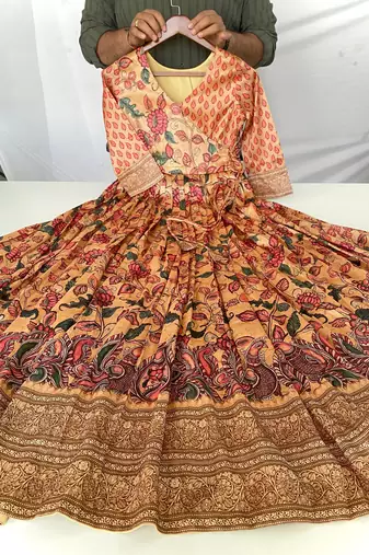 silk blend kalamkari fit & flared gown with v-neck long length ethnic gown