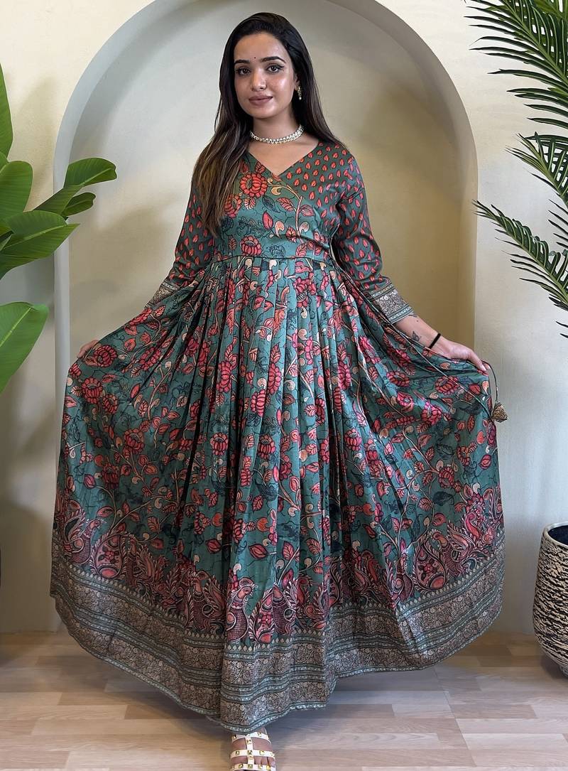 silk blend green v-neck kalamkari printed womens ethnic dress